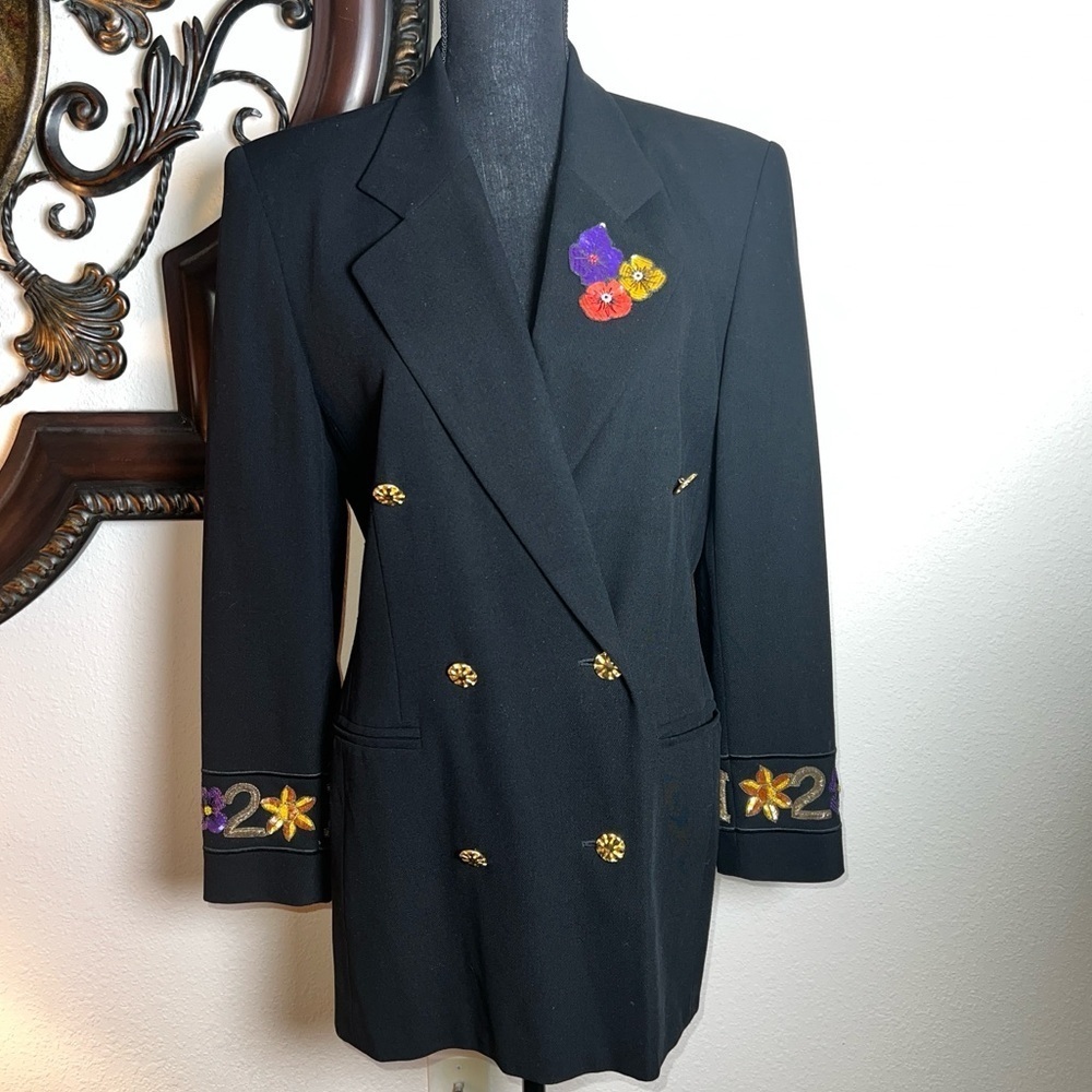 ESCADA Women's Vintage Black Double Breasted Blazer Floral Sequin Accents 38/6